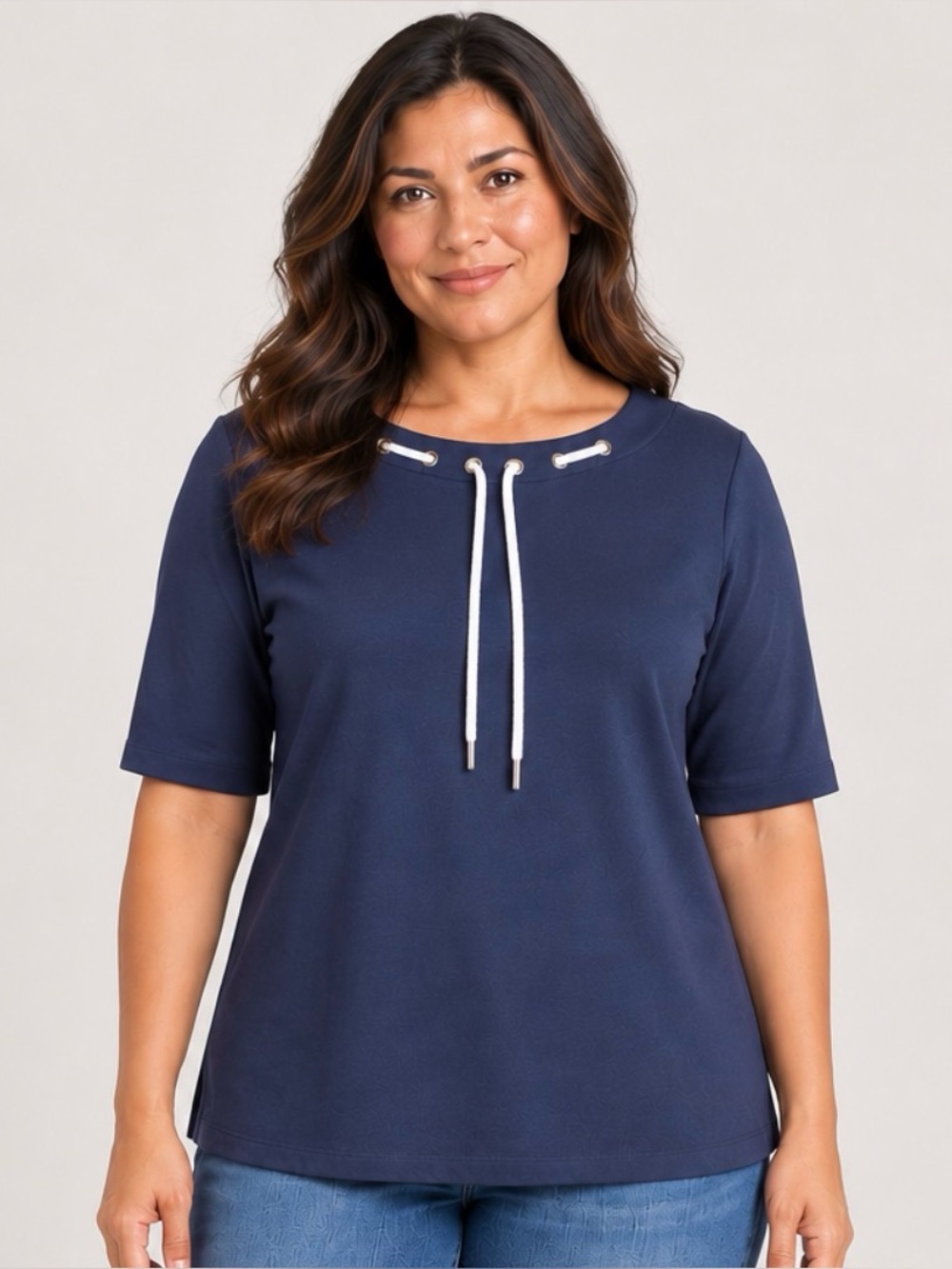 Denim & Co. Active French Terry Elbow Sleeve Boat Neck Top Navy Size L A722379